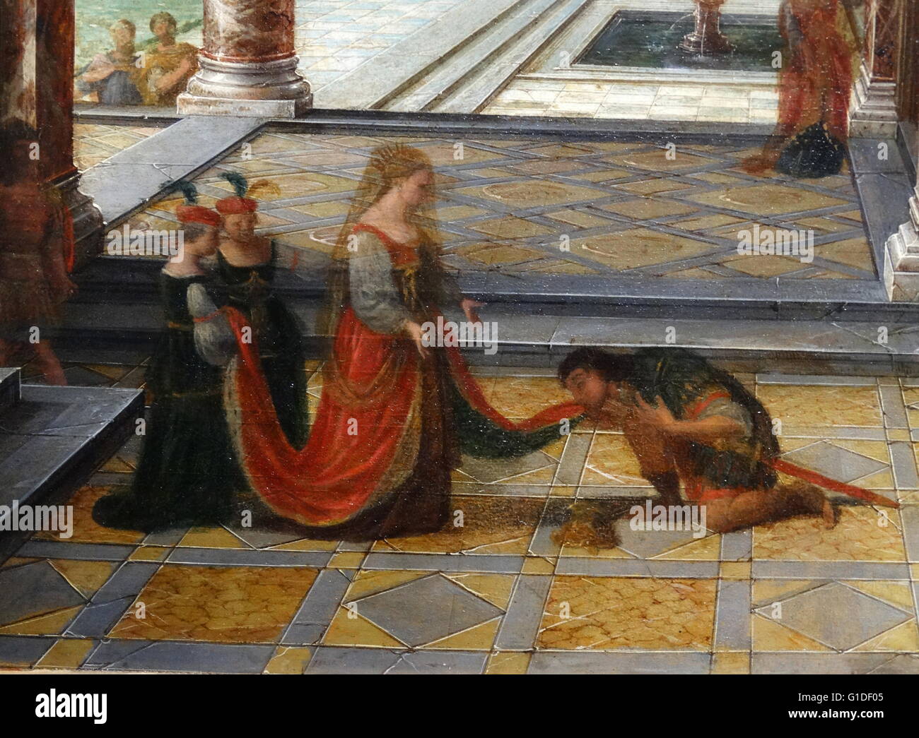 Dettaglio dalla pittura intitolata 'Il Cortile di un palazzo rinascimentale' da Hendrik van Steenwijk II (1580-1649) olandese un pittore barocco prevalentemente di interni architettonici. Datata xviii secolo Foto Stock