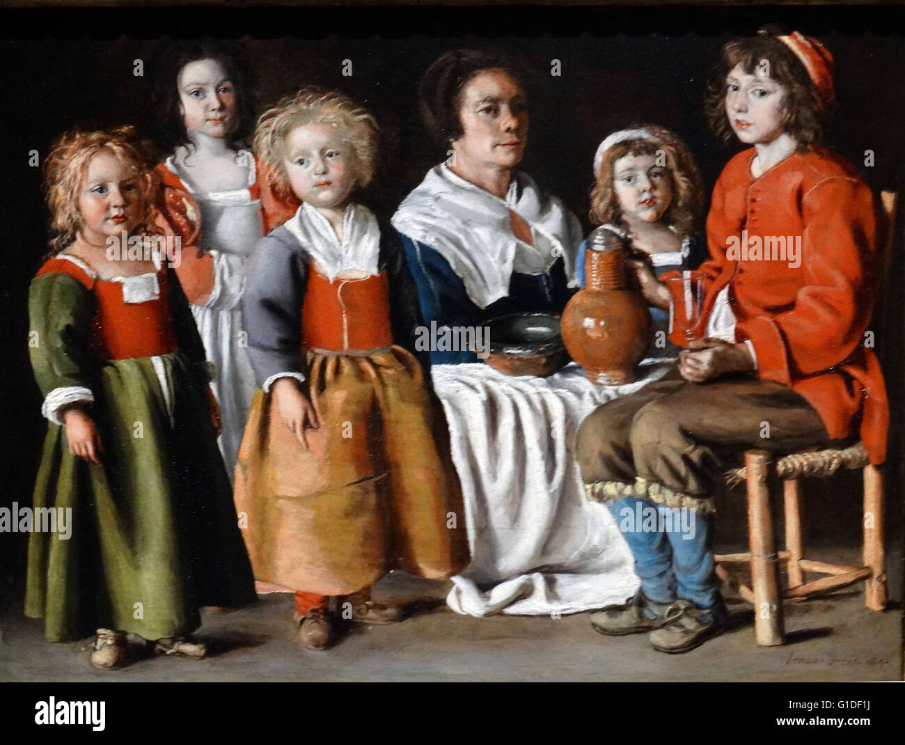 Pittura intitolata 'Una donna e cinque bambini' da Louis Le Nain (1593-1648) un pittore francese e uno dei tre Le Nain fratelli. Risalenti al XVII secolo Foto Stock
