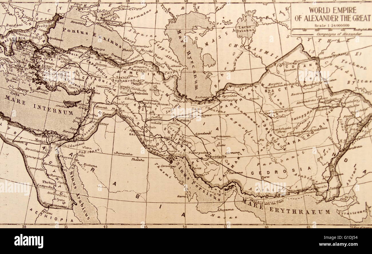 Mappa che mostra l'impero greco conquistatore, Alessandro il Grande 356-323 A.C. Foto Stock
