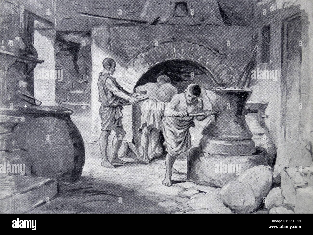 Idealizzato vista ricostruita di un panificio, in una strada della città romana di Pompei Foto Stock