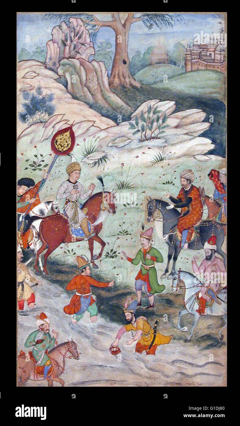 Incontro tra Babur e il Sultano Ali Mirza vicino a Samarcanda. Babur (1483 - 1530), conquistatore dall Asia centrale che ha costituito la base per la dinastia Mughal nel subcontinente indiano e divenne il primo imperatore Mughal. Foto Stock