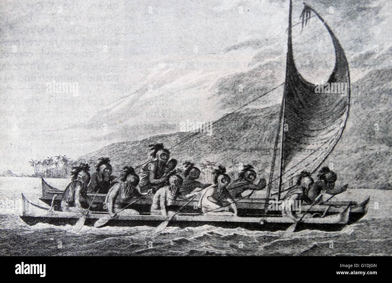 Canoa doppia delle Isole Sandwich mascherati con i rematori. Foto Stock