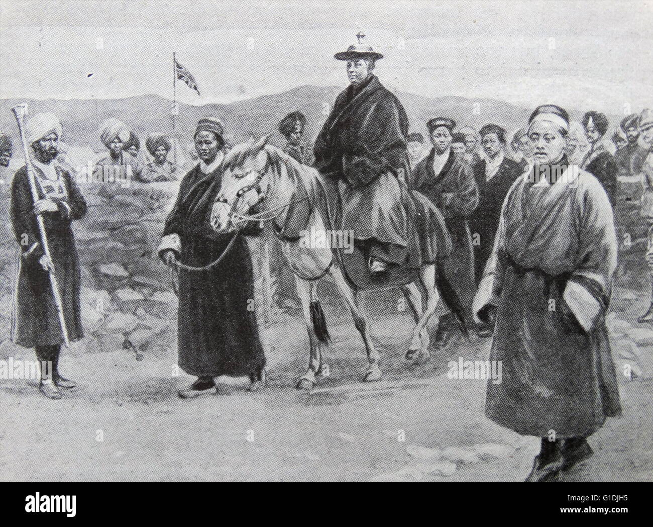 Un dignitario Lamaite immettendo il colonnello Younghusband's Camp. Il colonnello Younghusband era su di una missione da parte del governo indiano di Lhasa. Il trattato di Lhasa ha portato il Tibet sotto il controllo britannico. Foto Stock