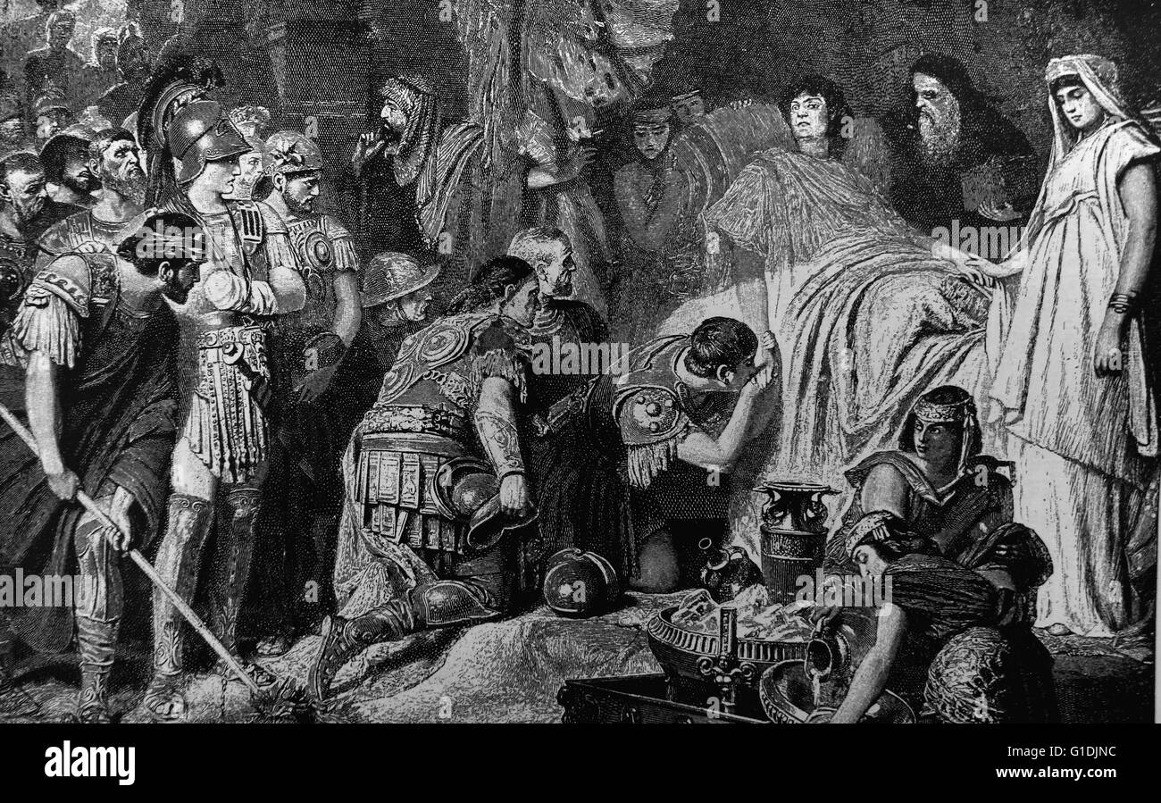 Dipinto raffigurante la morte di Alessandro III di Macedon, (356-323 a.C.) comunemente noto come Alessandro il Grande, era un re del greco antico regno di Macedon e un membro della dinastia Argead, un greco antico royal house, a Babilonia Foto Stock
