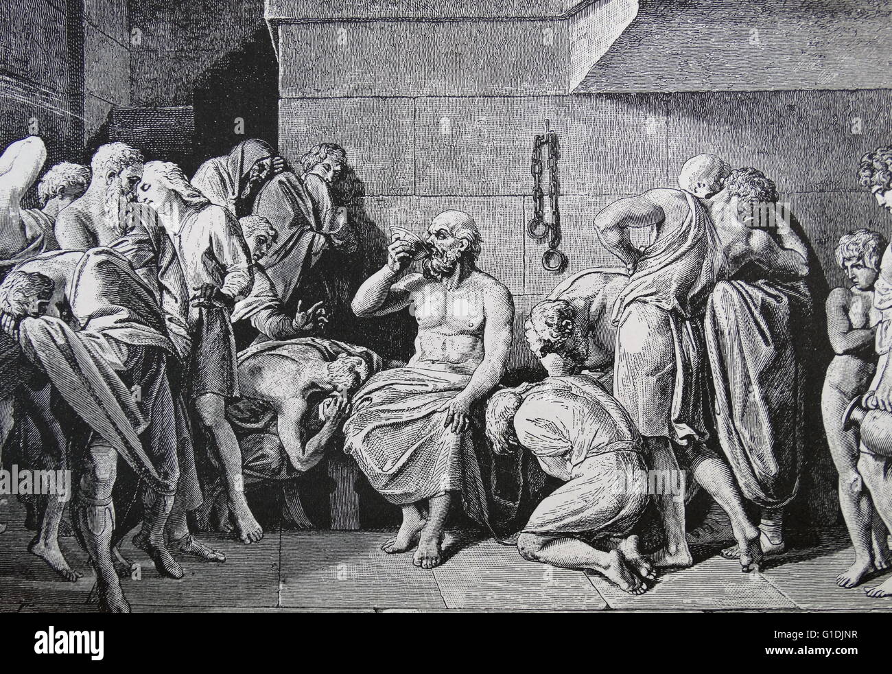 Illustrazione raffigurante la morte di Socrate, un classico filosofo greco accreditato come uno dei fondatori della filosofia occidentale Foto Stock