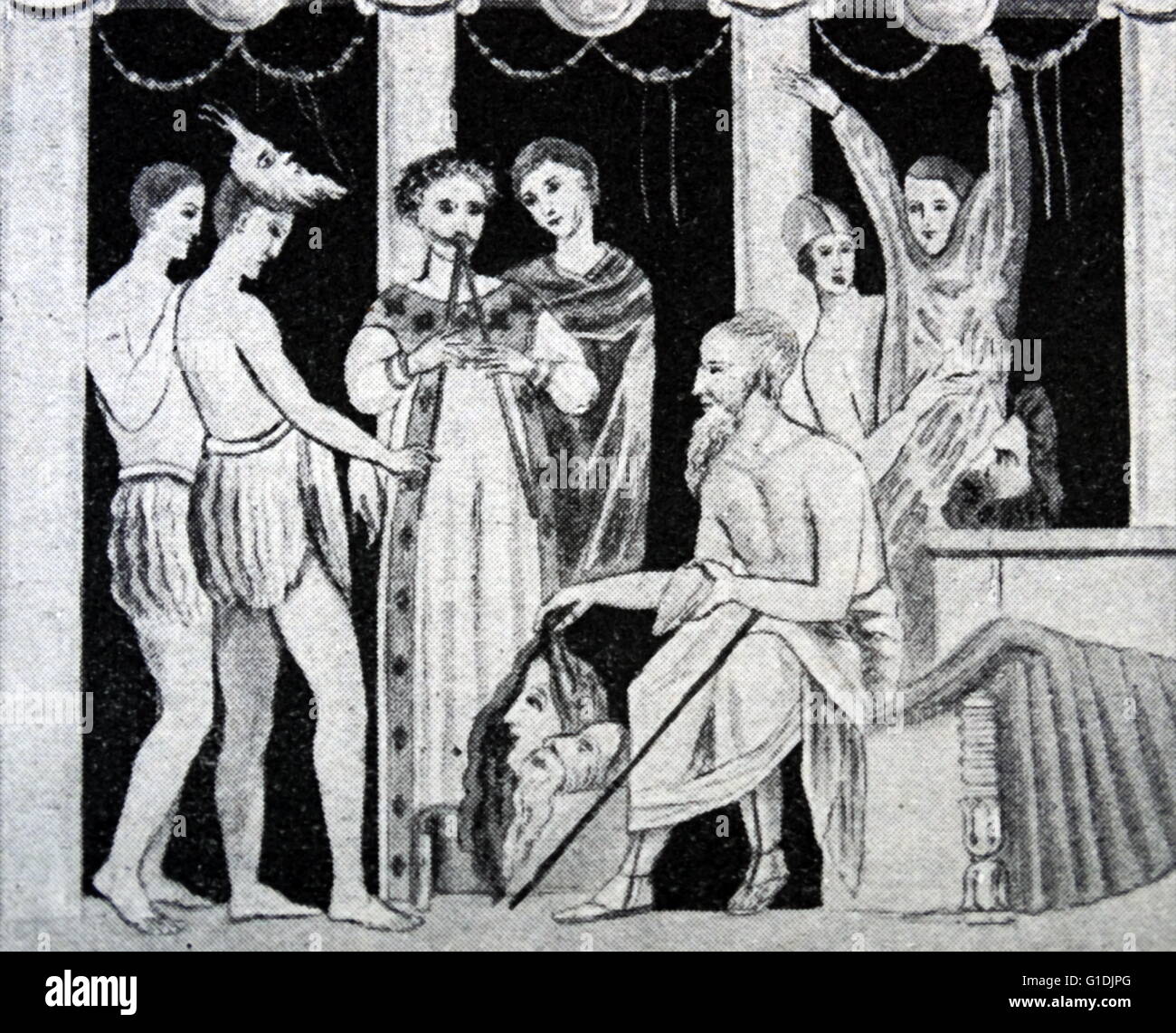 Mosaico raffigurante una scena di una commedia comica in Pompei Foto Stock