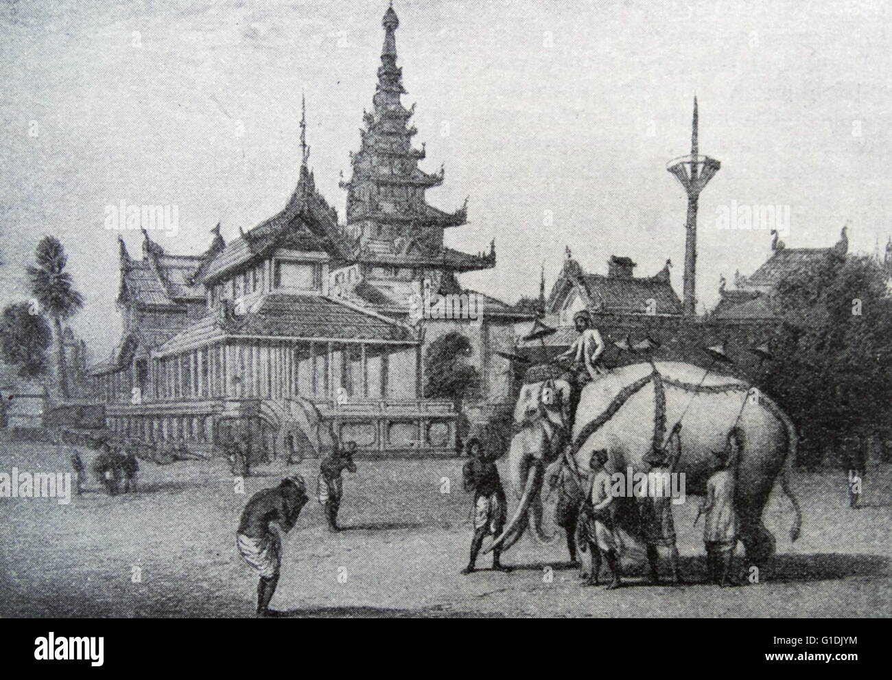 Sacro elefante bianco ad Amarapura, un ex capitale del Myanmar (Birmania) 1850 Foto Stock