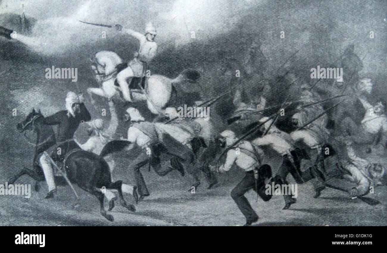 Illustrazione della battaglia di Badli-ki-Serai. Combattuto nelle prime fasi della ribellione indiana del 1857, o prima guerra di indipendenza indiana come esso è stato definito in Indian storie di eventi. Datata del XIX secolo Foto Stock