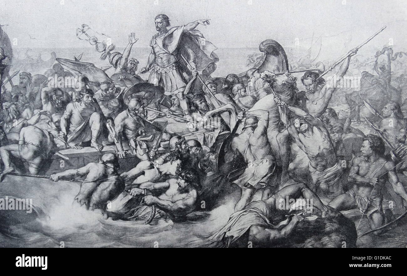 Dipinto raffigurante lo sbarco di Giulio Cesare (100-44 a.C.) uno statista romano, generale e notevole autore di prosa latina e le sue legioni sulla costa dell'Inghilterra. Foto Stock