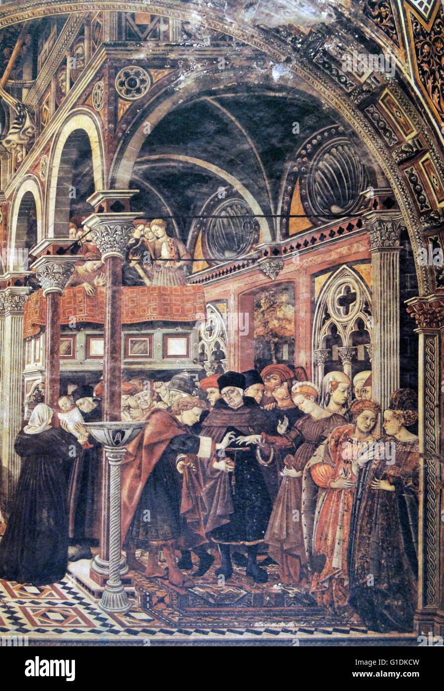 Dipinto raffigurante un matrimonio da Domenico di Bartolo, un pittore italiano di Scuola Senese. Foto Stock