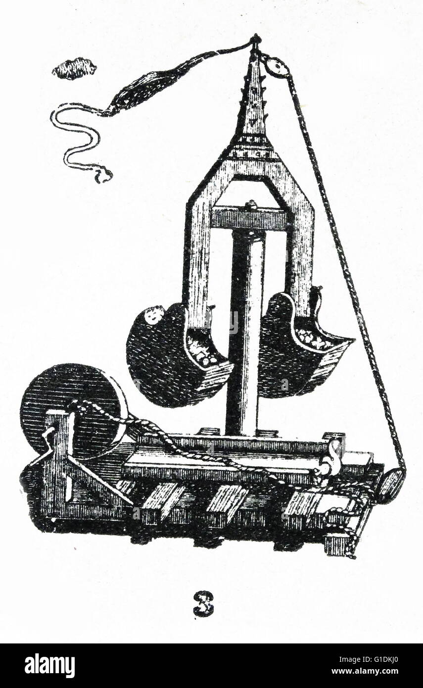 Armi di guerra medievale. Un grande slingshot usato per lanciare pietre Foto Stock
