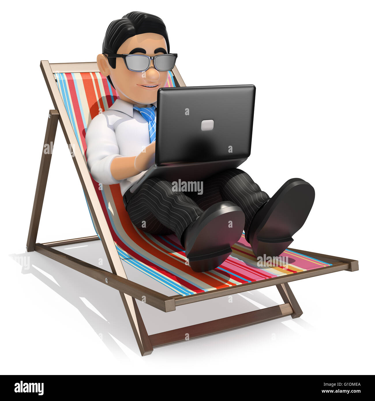 3d business persone illustrazione. imprenditore nel lavoro di poltrona sdraio in spiaggia con il suo computer portatile isolati a sfondo bianco. Foto Stock