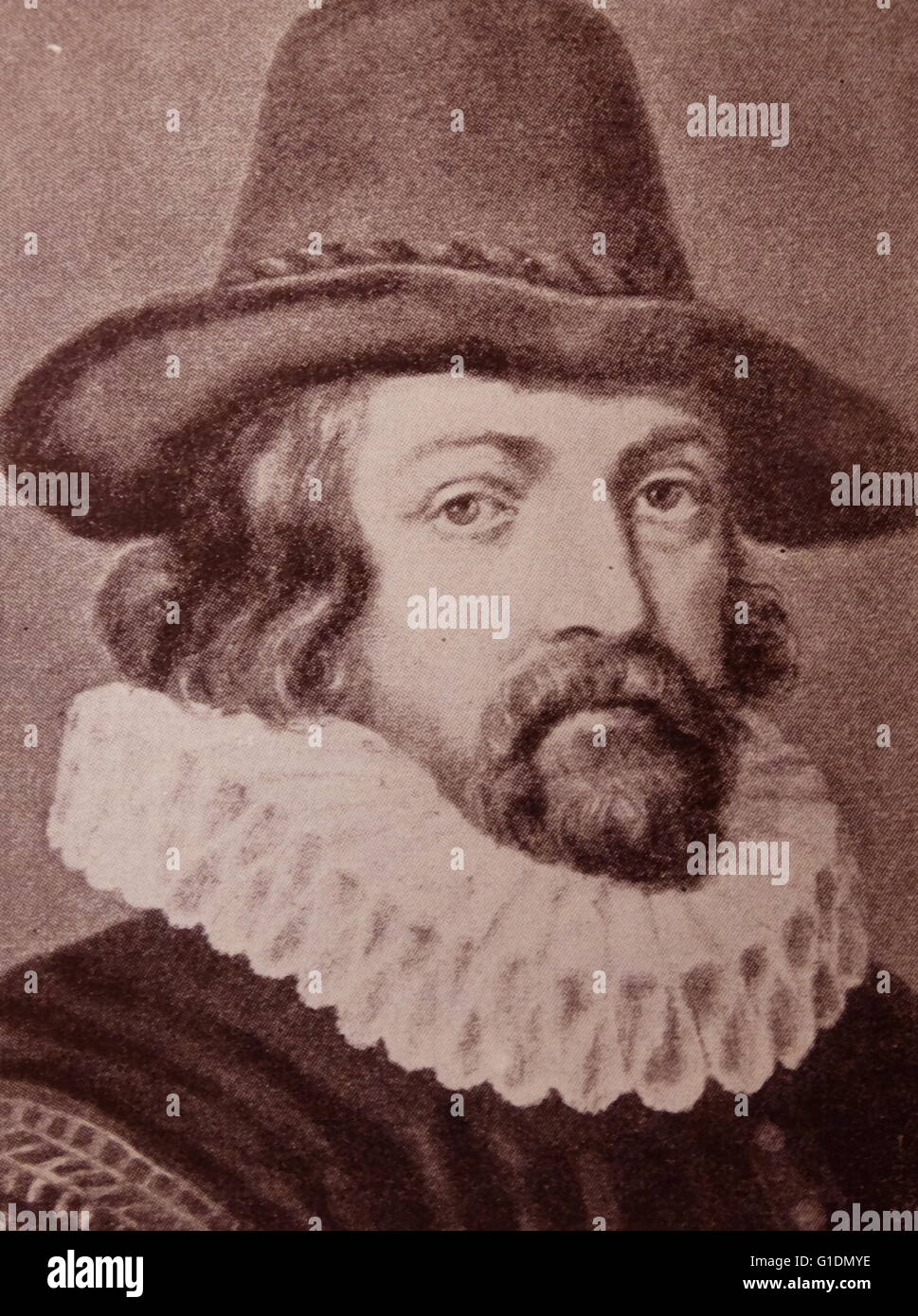 Ritratto di Francis Bacon (1561-1626) un filosofo inglese, statista, scienziato, giurista, oratore e autore. Risalenti al XVII secolo Foto Stock