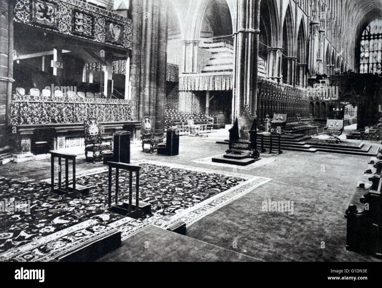 Fotografia della incoronazione sedia e Royal Box, Westminster Abbey. In data xx secolo Foto Stock