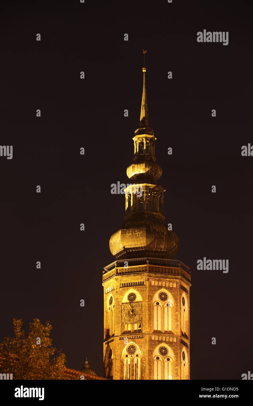Cattedrale di Greifswald, Meclenburgo-Pomerania Occidentale, Germania (Dom San Nikolai) di notte illuminata da luce sulla terra. Foto Stock