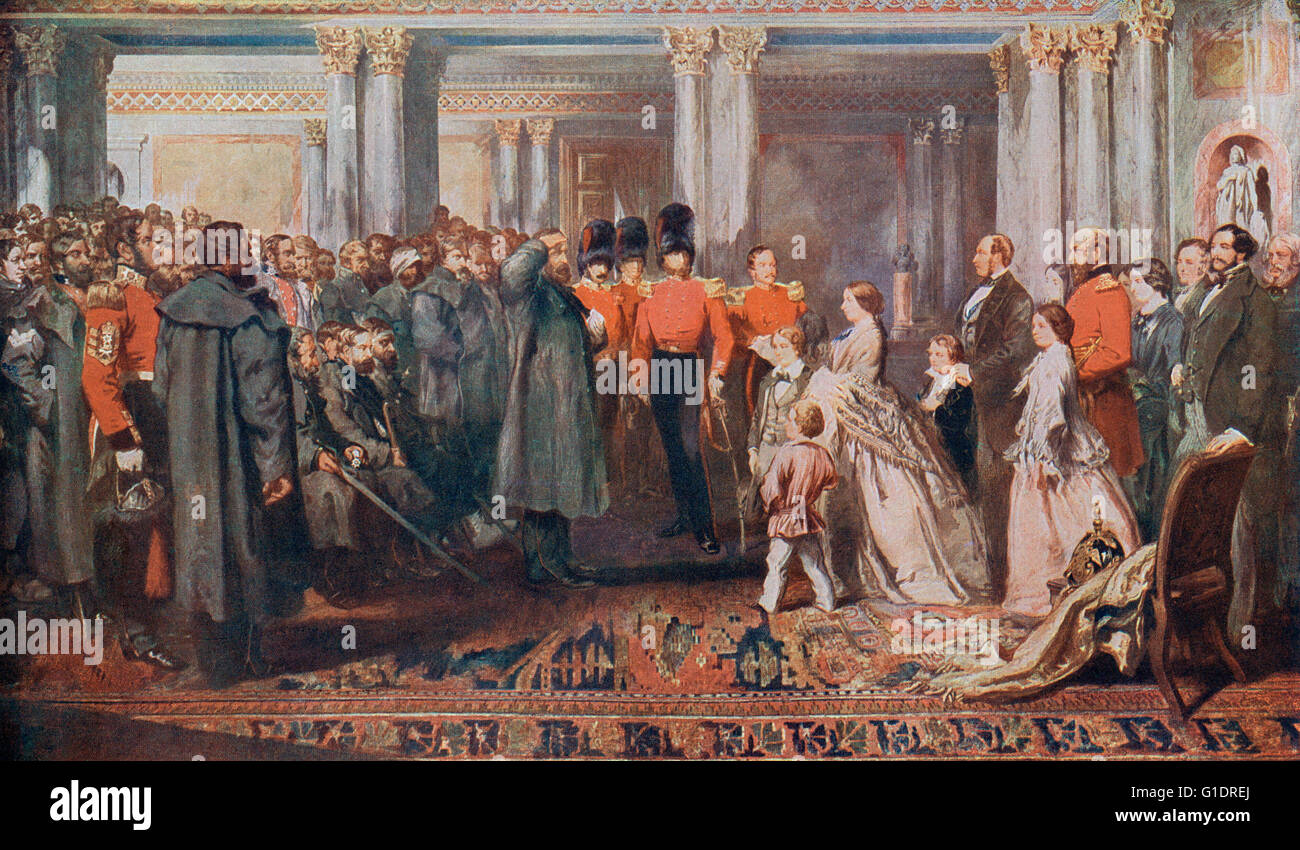 La regina Victoria la ricezione di Crimea dei veterani di guerra in udienza, 1854. Dopo la pittura di Sir John Gilbert. Foto Stock