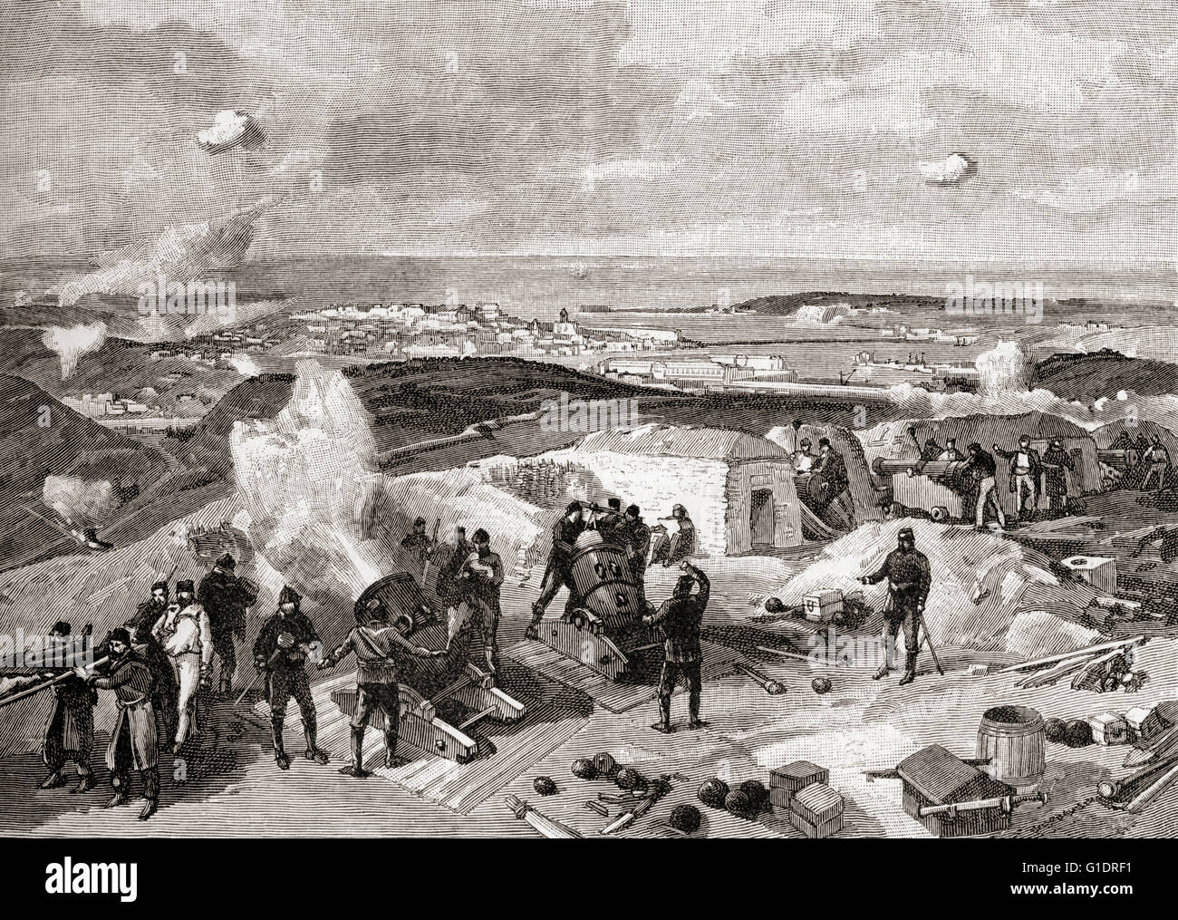 Guerra di Crimea, 1853 - 1856. Le truppe francesi di bombardare la linea russo all'assedio di Sebastopol . Foto Stock