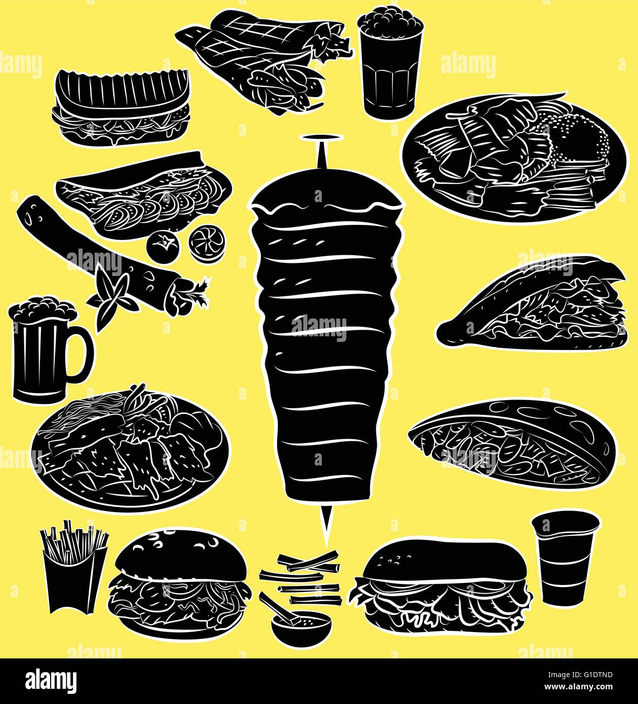 Illustrazione Vettoriale di Döner Kebab collezione nella modalità silhouette su sfondo giallo Illustrazione Vettoriale