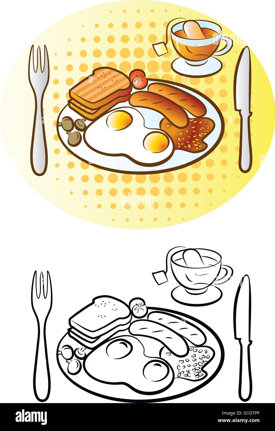 Illustrazione vettoriale di colazione inglese completa in linea tecnica e modalità colore Illustrazione Vettoriale