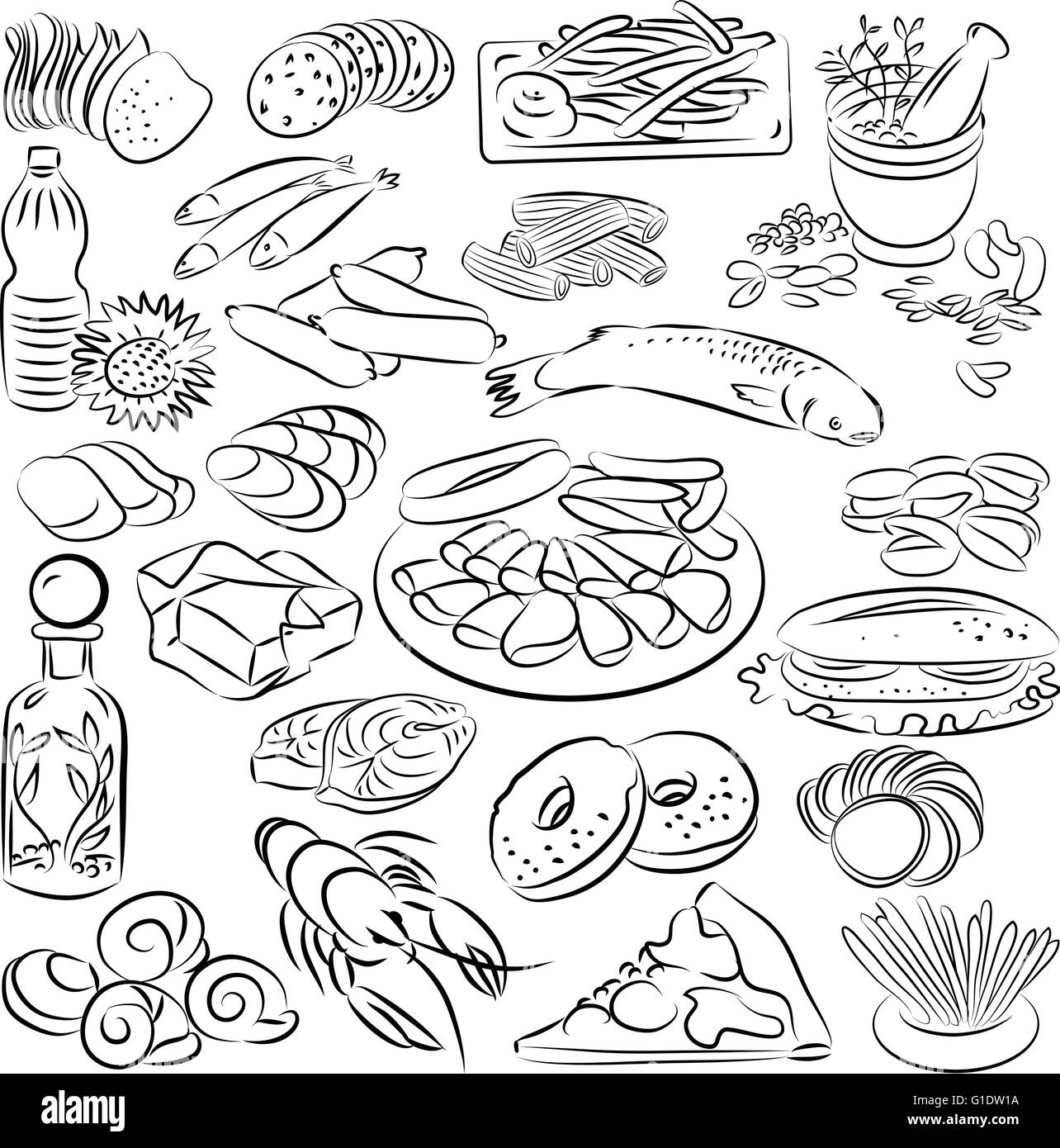 Illustrazione vettoriale della raccolta di cibo in bianco e nero Illustrazione Vettoriale