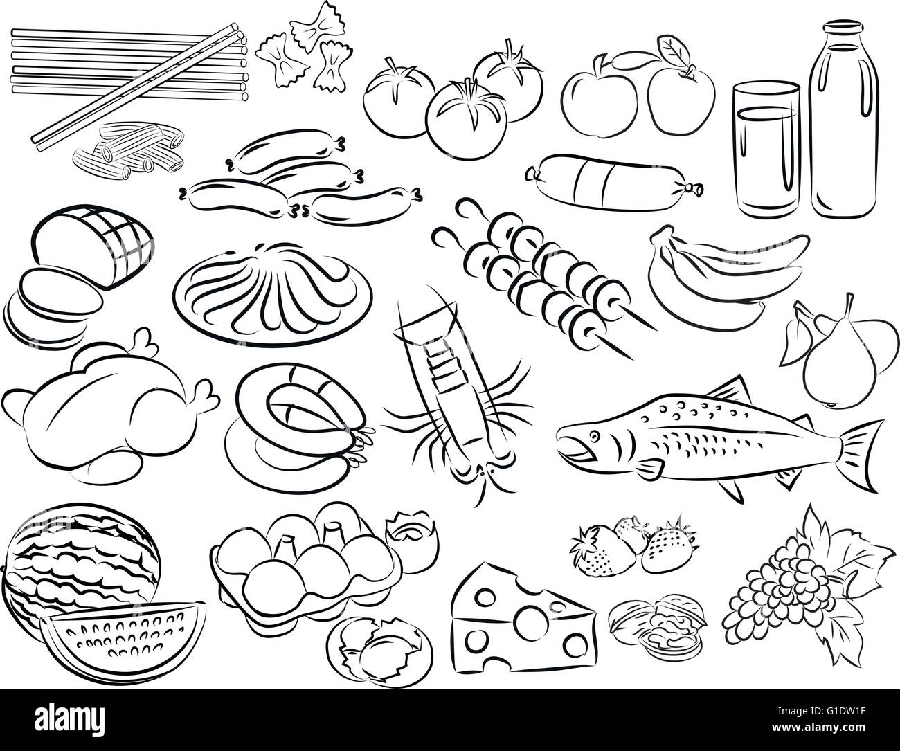 Illustrazione vettoriale di prodotti alimentari raccolta in bianco e nero Illustrazione Vettoriale