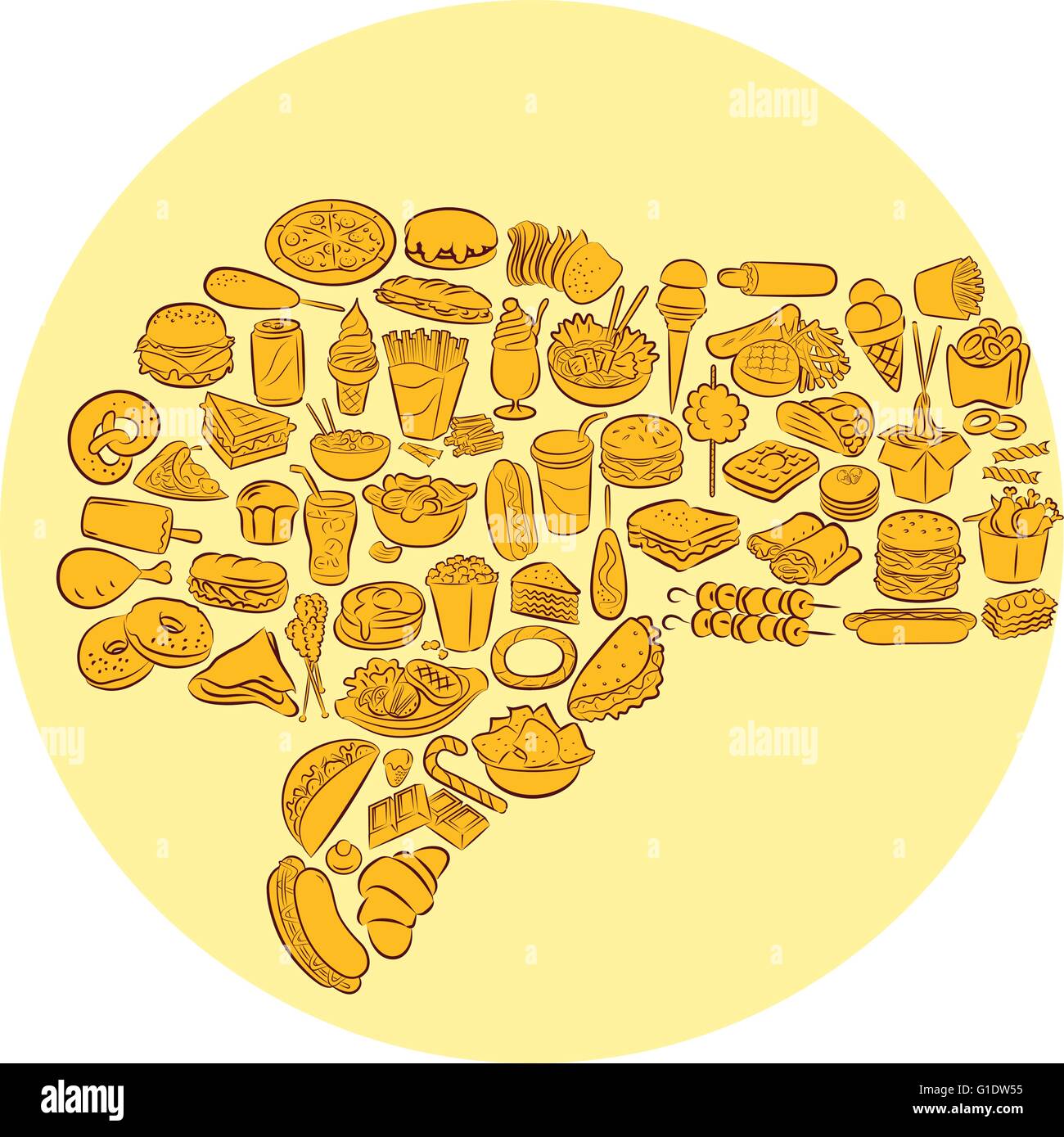 Illustrazione Vettoriale di fast food items gesticolando pollice in giù su sfondo giallo Illustrazione Vettoriale