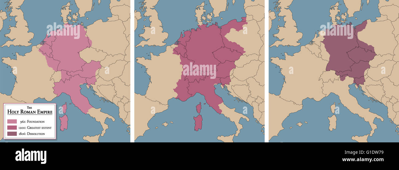 Sacro Romano Impero, l'Europa medievale - Tre mappe storiche con la fondazione dell impero 962 AD, misura massima 1200 Annuncio e dis Foto Stock