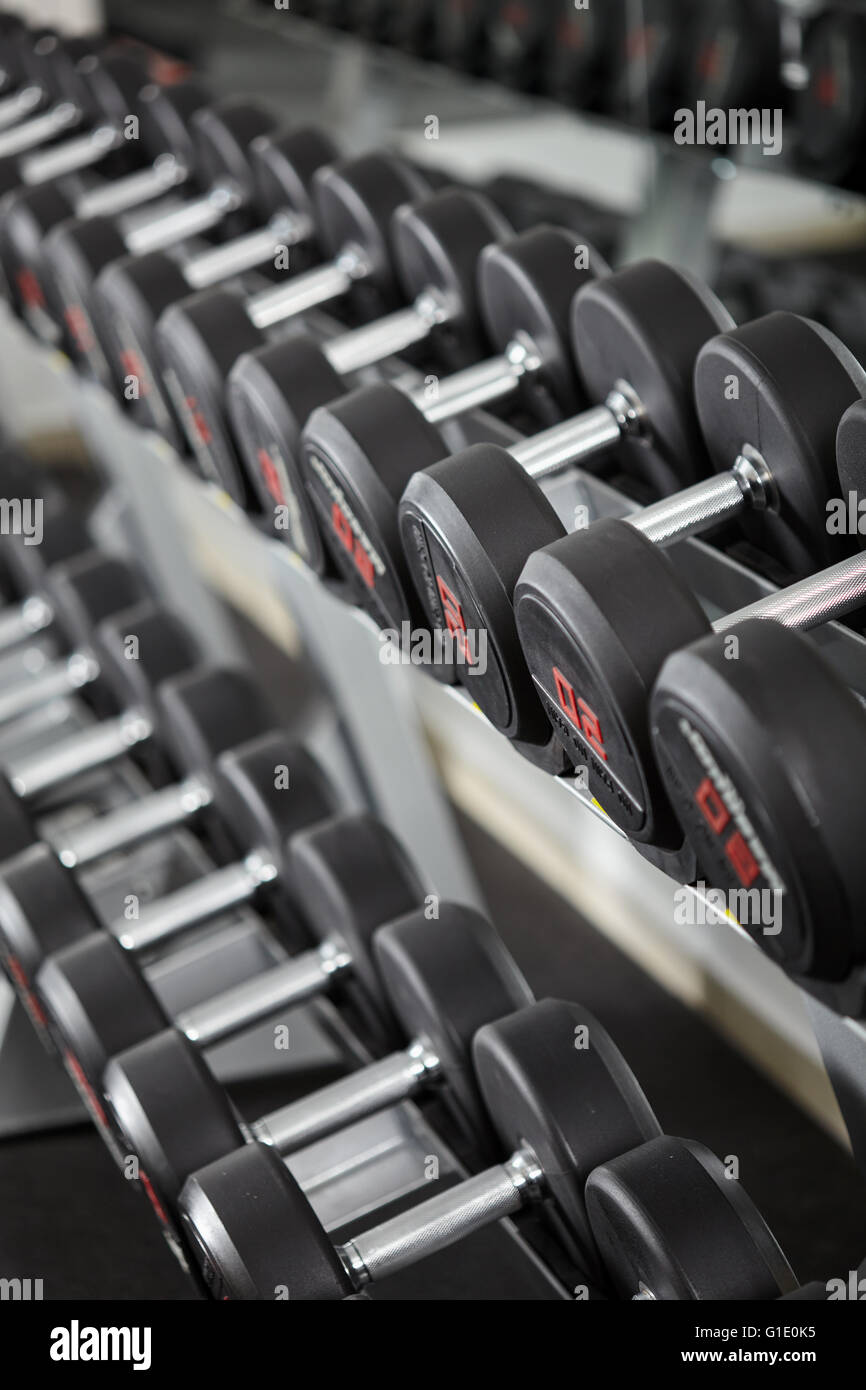 Righe di nuovi pesi nella palestra, sulla cremagliera Foto Stock