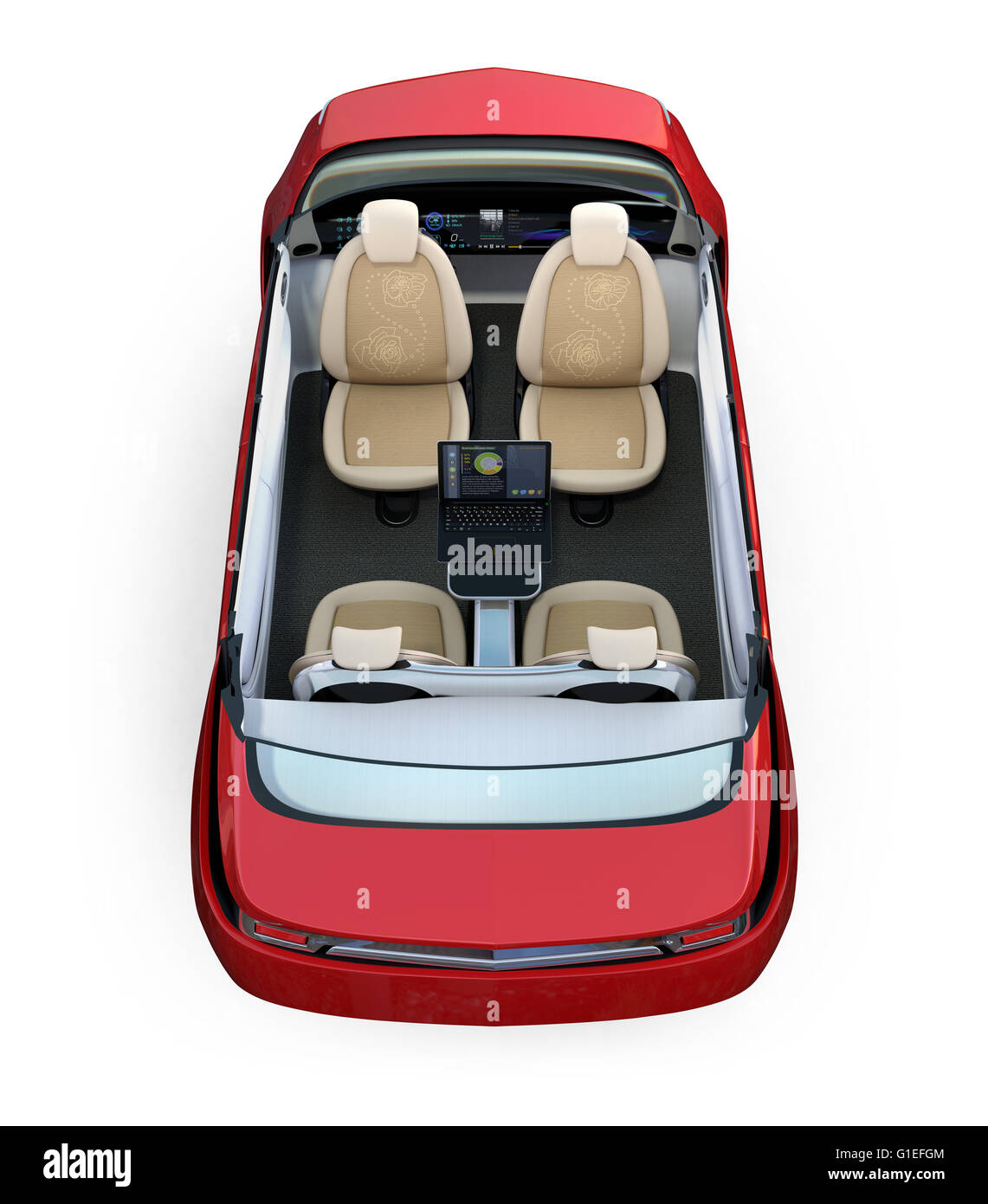 Vista posteriore del self-guida spaccato auto image.sedili anteriori ruotata indietro in modalità riunione. Foto Stock