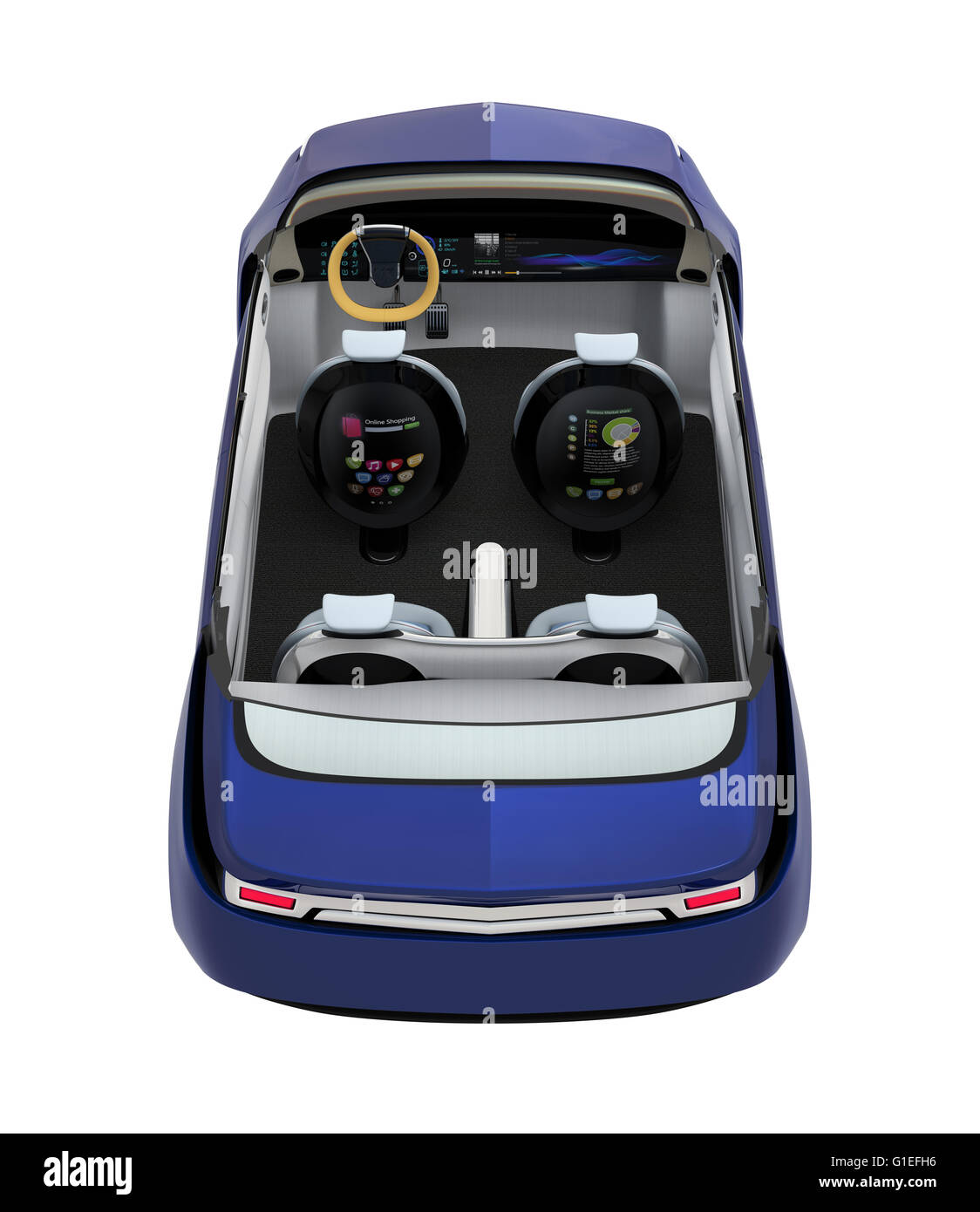 Vista posteriore del self-guida auto immagine in sezione. Sedili anteriori nella modalità di guida e il monitor dello schienale che mostra attività diagramma grafico. Foto Stock