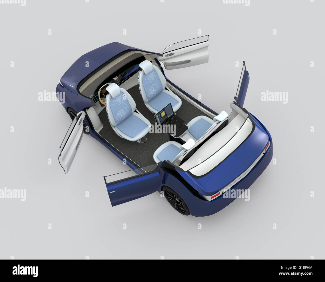 Auto-guida auto immagine in sezione. Porte aperte e sedili anteriori ruotata indietro in modalità riunione. 3D rendering immagine con flic Foto Stock