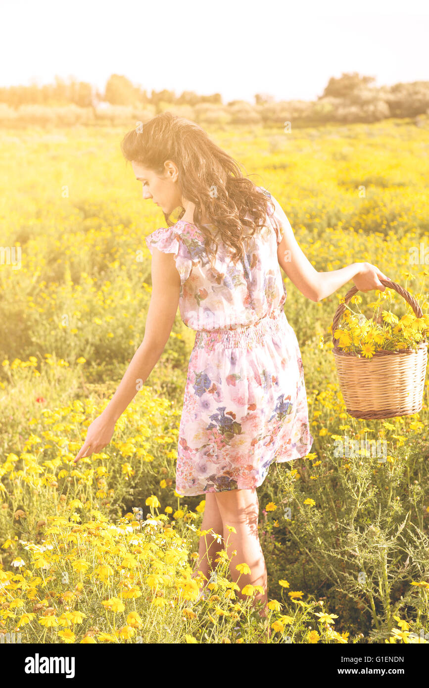 Piuttosto giovane donna in un campo a margherita al tramonto. a piedi Foto Stock