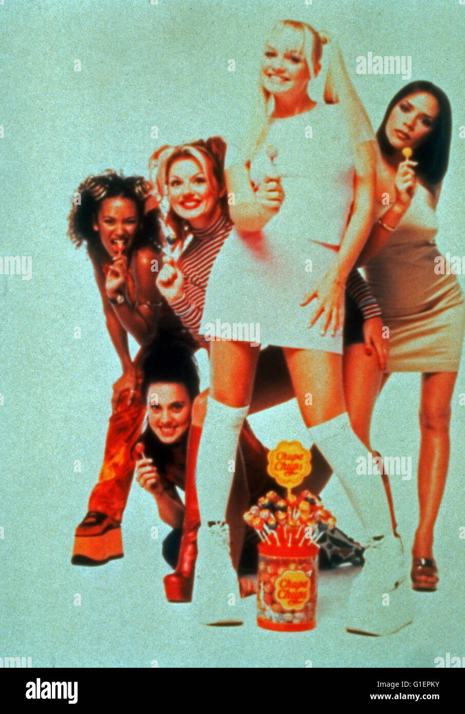 Die britische Girlband Spice Girls, bestehend aus Victoria Adams, Melanie Brown, Emma Bunton, Melanie Chisholm und Geraldine Halliwell, Großbritannien 1990er Jahre. Ragazza britannico pop band Spice Girls, Gran Bretagna degli anni novanta. Foto Stock