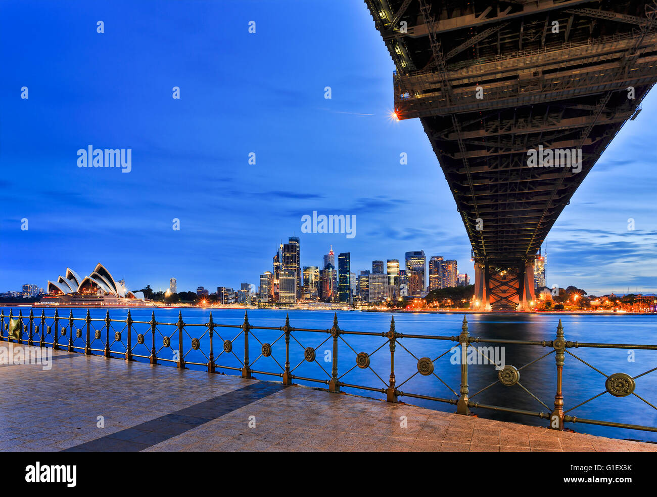 Principali città di Sydney clandmarks - Harbour Bridge, Circular Quay e il CBD di grattacieli al tramonto su porto dalla Milsons Point. Foto Stock