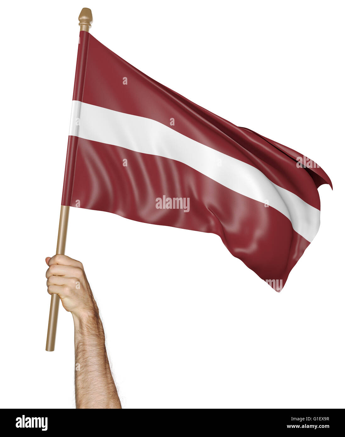 Mano orgogliosamente sventolare la bandiera nazionale della Lettonia, rendering 3D Foto Stock