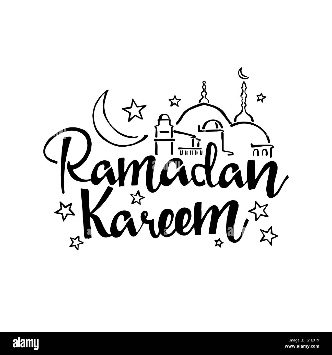 Il Ramadan Kareem caratteri scritti a mano. La calligrafia moderna. Lettering vettore isolato su sfondo bianco Illustrazione Vettoriale