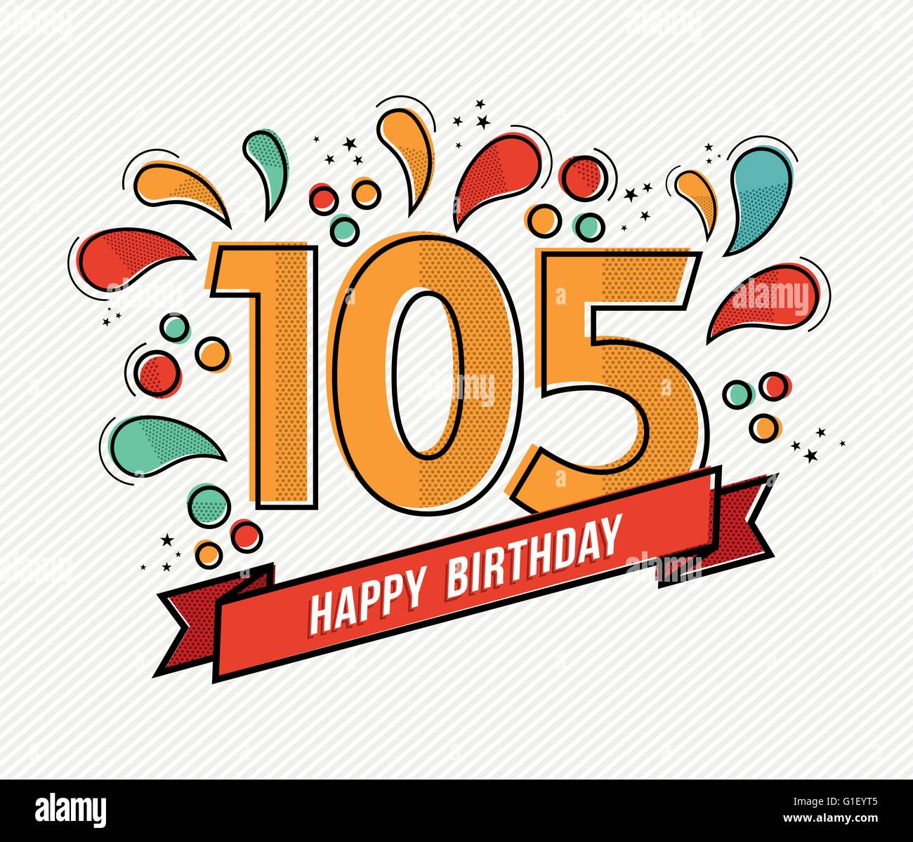 Buon compleanno numero 105, biglietto di auguri per cento per cinque anni in una moderna linea piana arte con coloratissime forme geometriche. Illustrazione Vettoriale