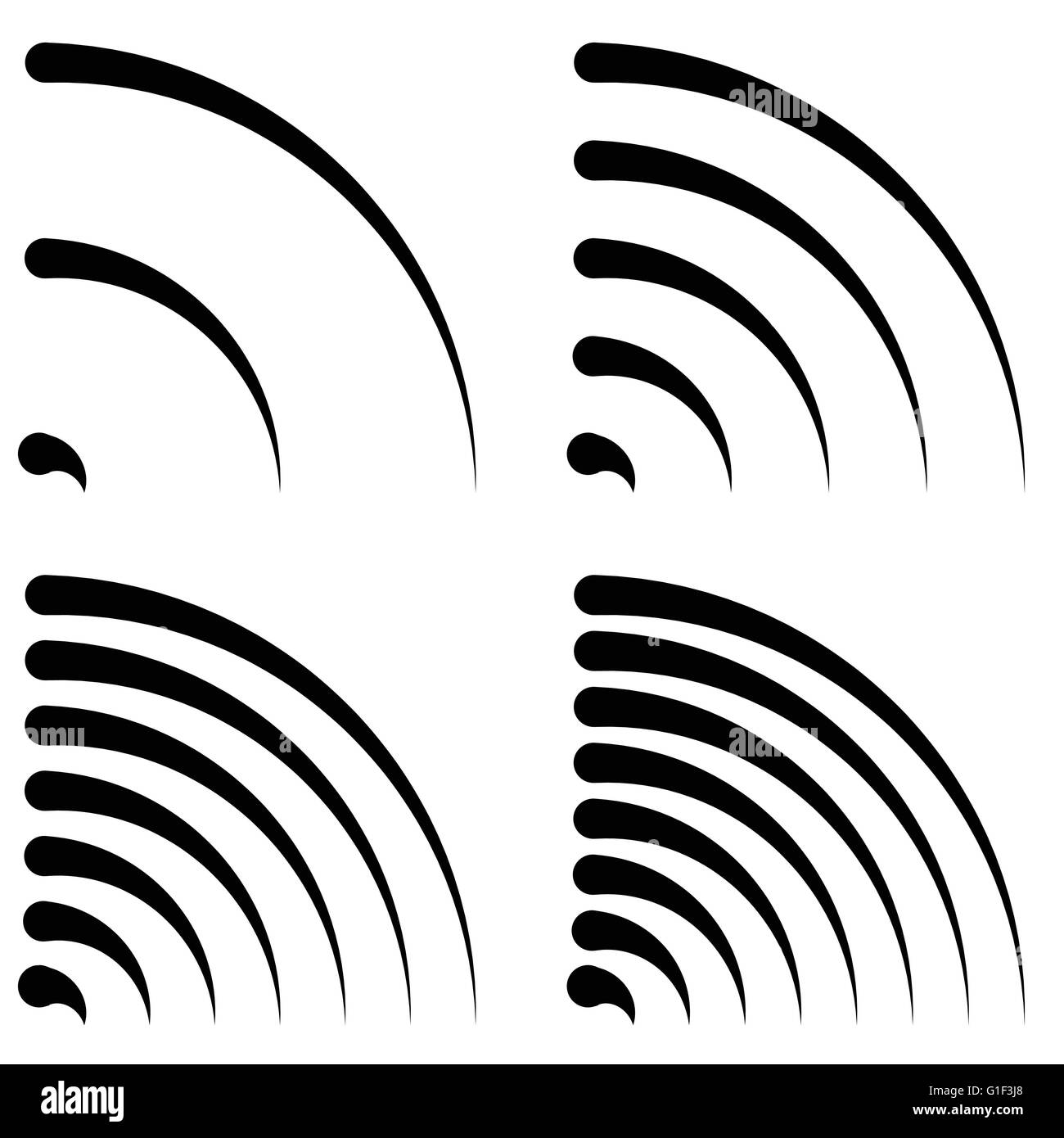 Forme di segnale, generic un quarto di cerchio, tubi piegati con diversa densità di emissione, radiazione, trasmissione, antenna-wireless Illustrazione Vettoriale