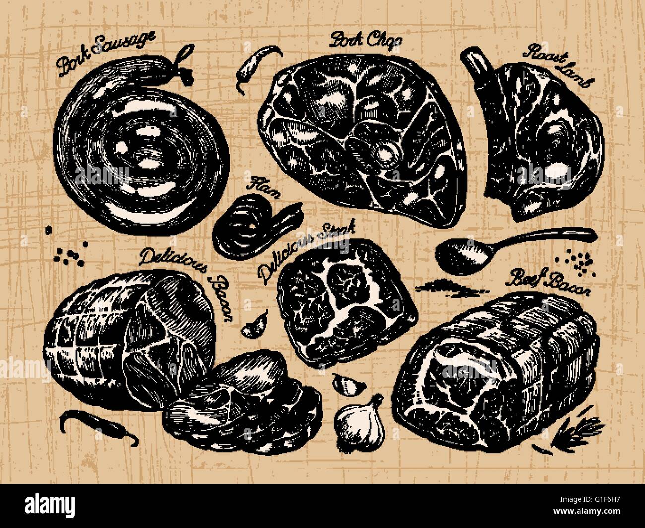 Carni di schizzo cibo. illustrazione vettoriale Illustrazione Vettoriale