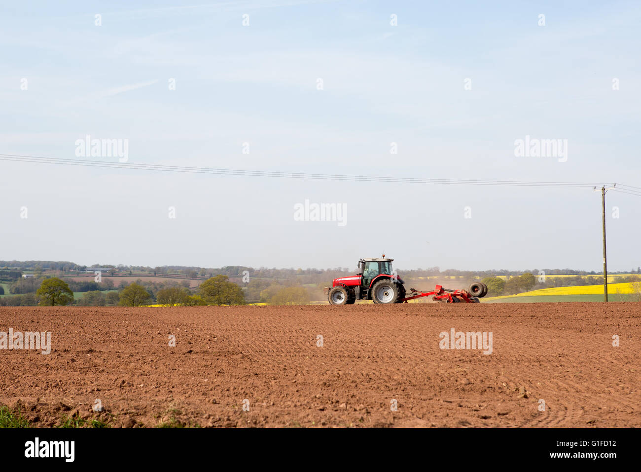 Trattore rosso che aratura un campo Foto Stock