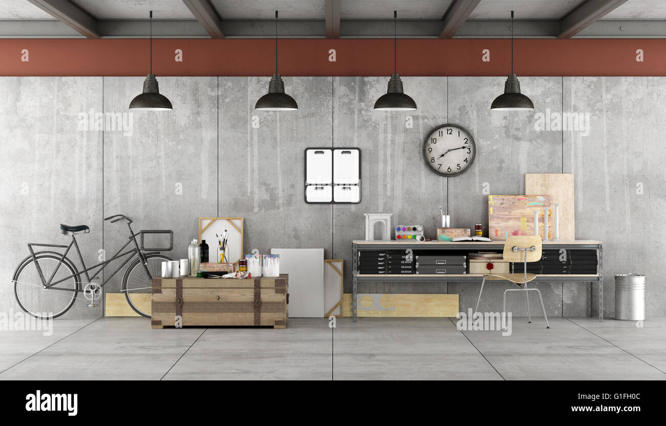 Laboratorio di arte in stile industriale con gli strumenti di pittura- 3d rendering Foto Stock