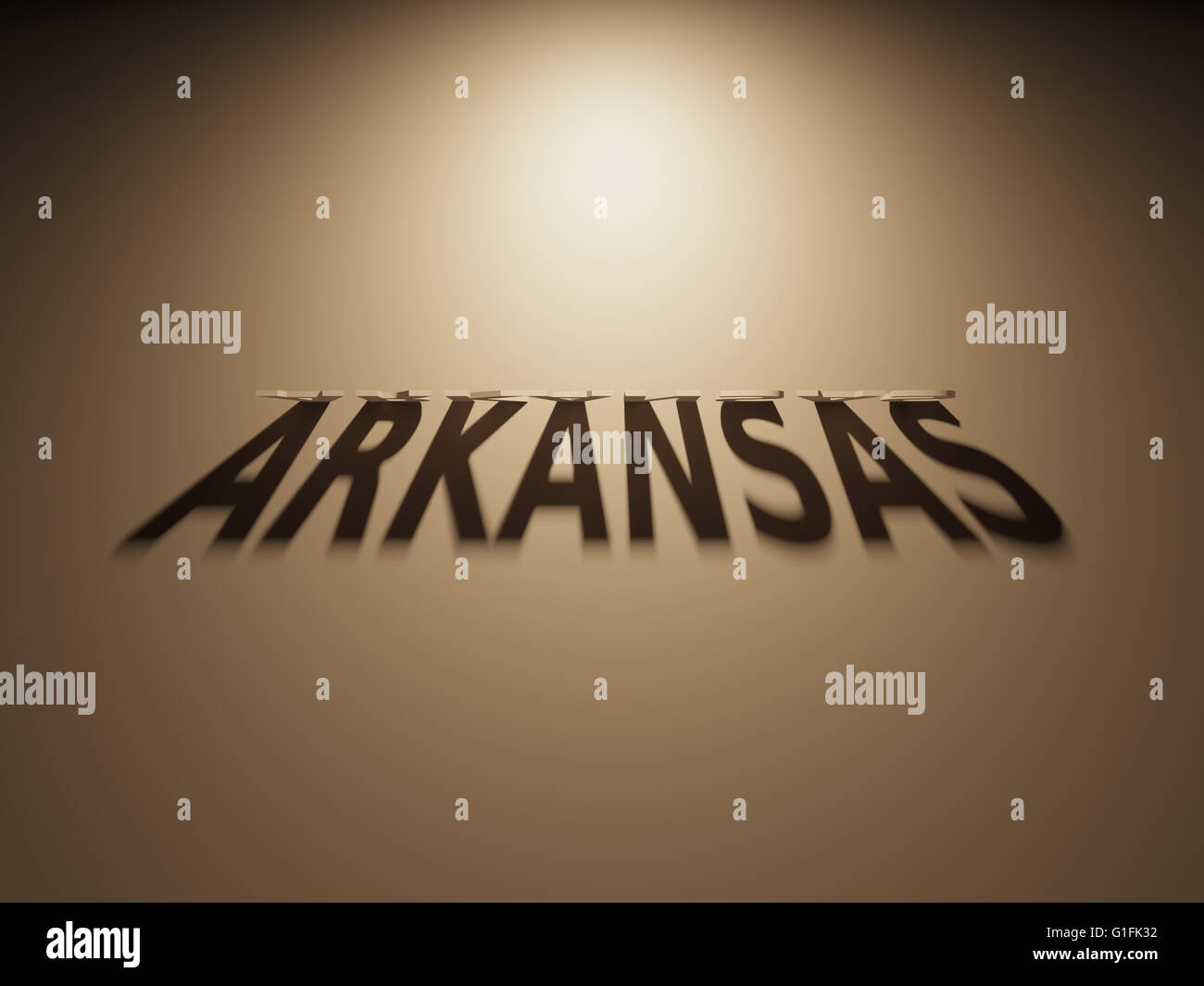 Un Rendering 3D dell'ombra di un capovolto il testo che legge in Arkansas. Foto Stock