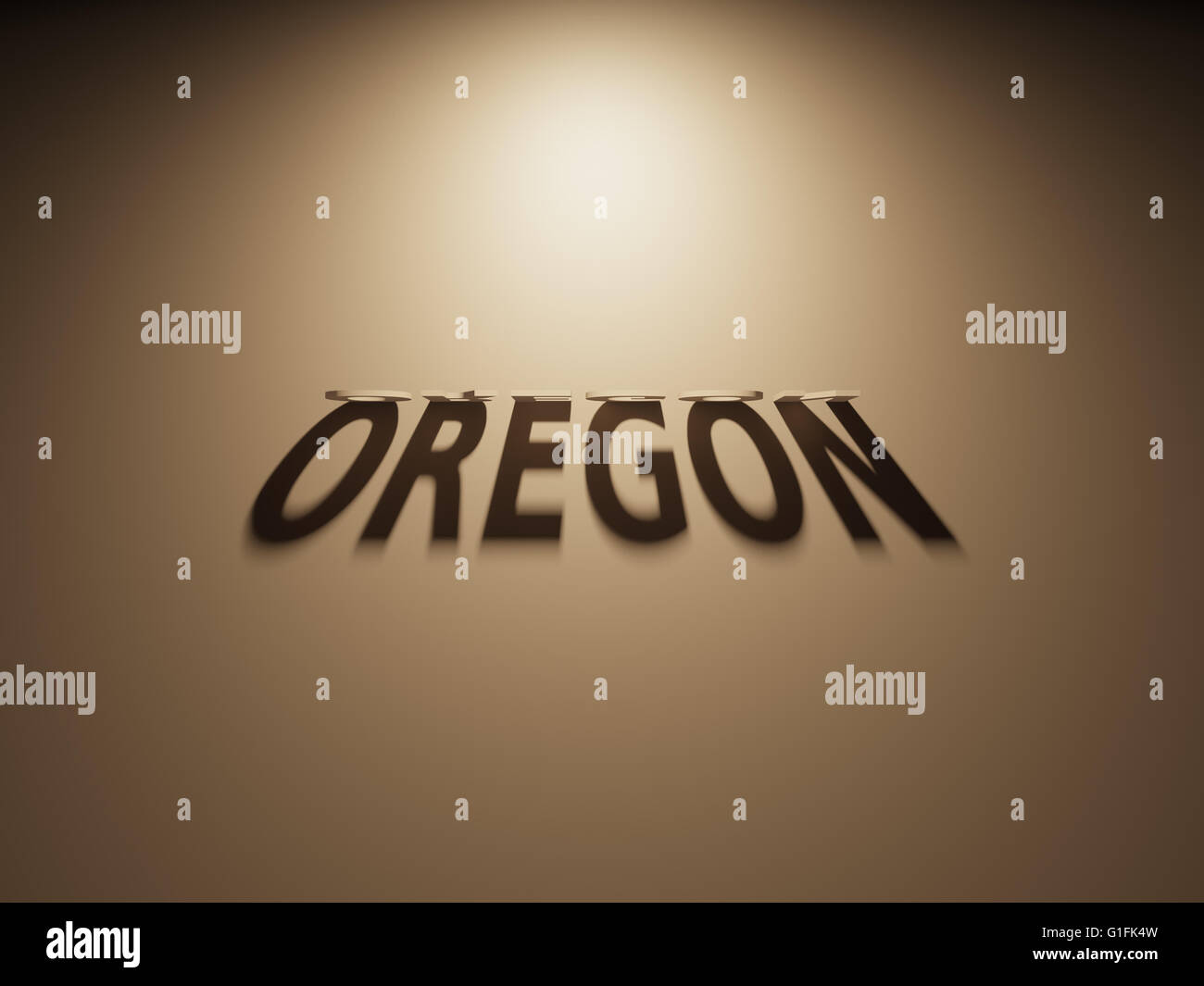 Un Rendering 3D dell'ombra di un capovolto il testo che legge in Oregon. Foto Stock