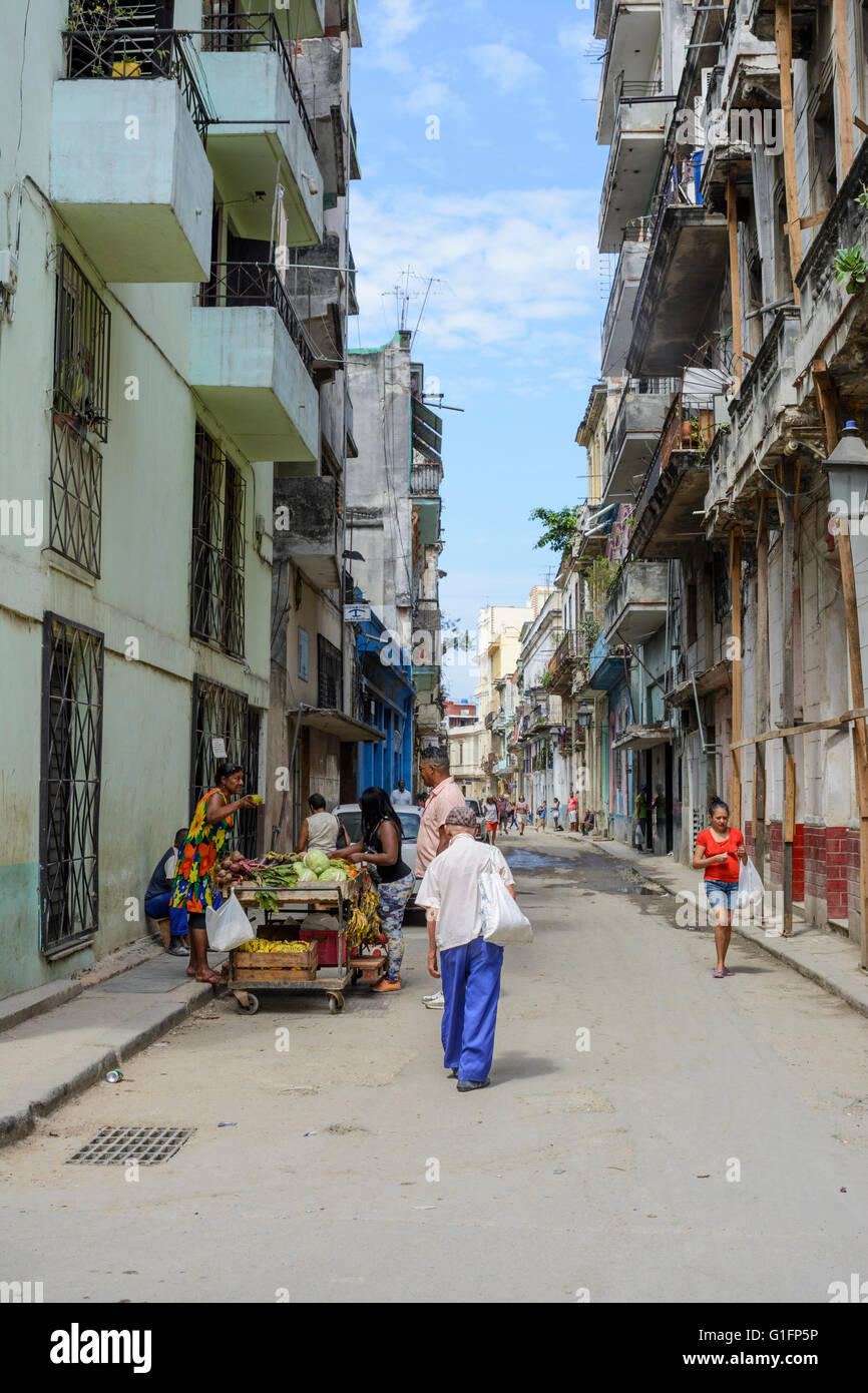 Un tipico streetscene con frutta e verdura in stallo l'Avana Vecchia Havana, Cuba Foto Stock