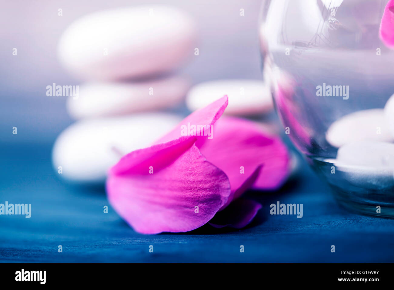 Spa ancora in vita con orchidea rosa e bianco pietre zen su sfondo scuro - in stile retrò foto Foto Stock