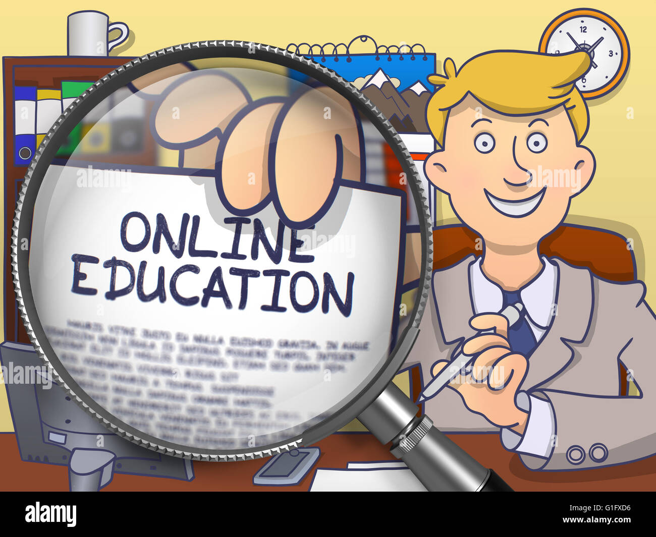 Educazione on line attraverso la lente di ingrandimento. Doodle Design. Foto Stock