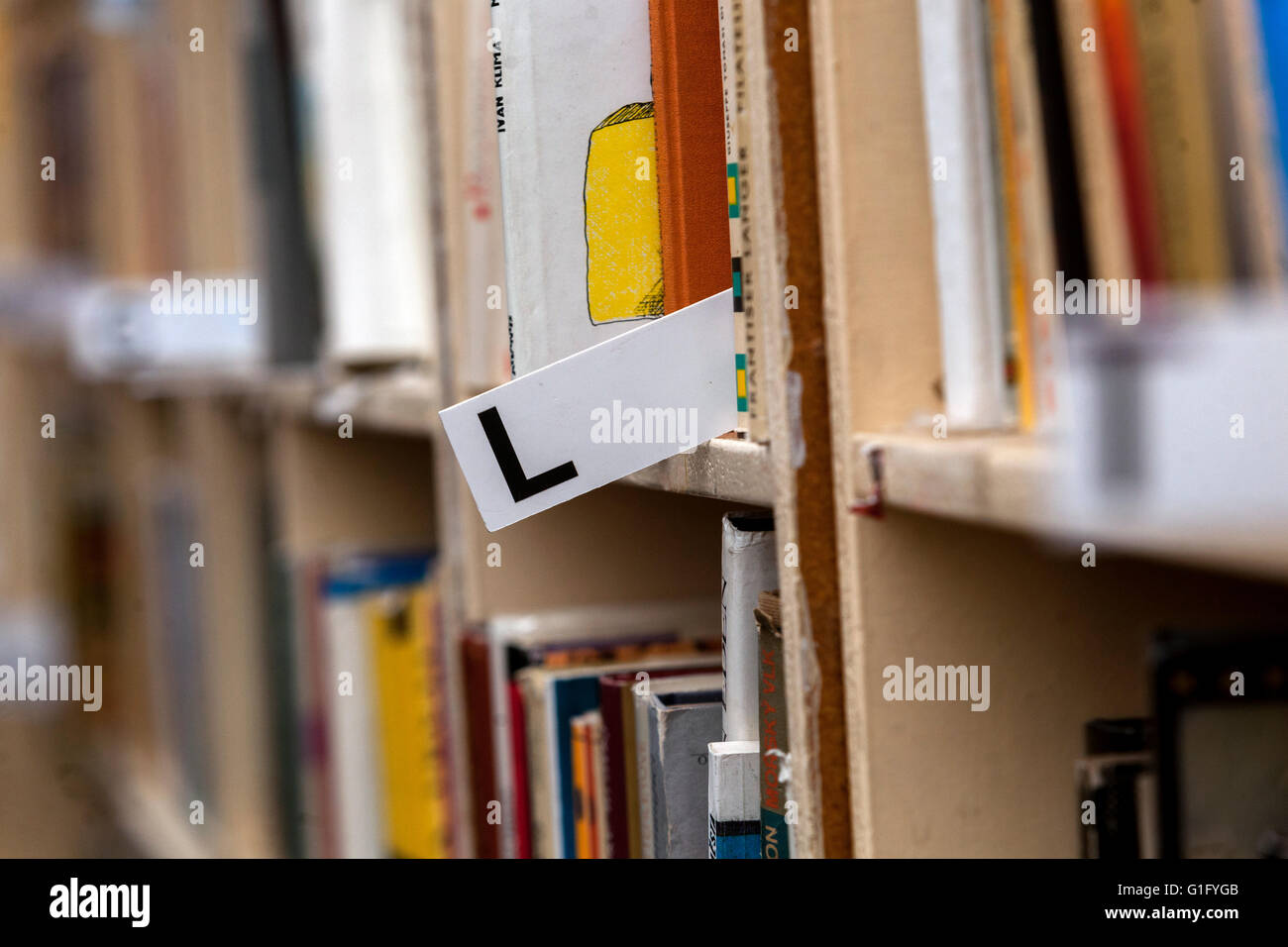 Ordinamento alfabetico dei libri giacenti sugli scaffali, libri della biblioteca sullo scaffale Foto Stock