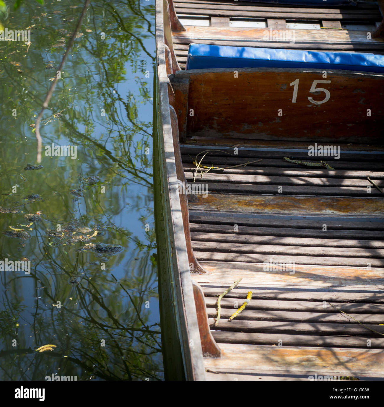 Oxford punt numero 15 con sedili blu sul fiume Cherwell. Oxfordshire, Inghilterra Foto Stock