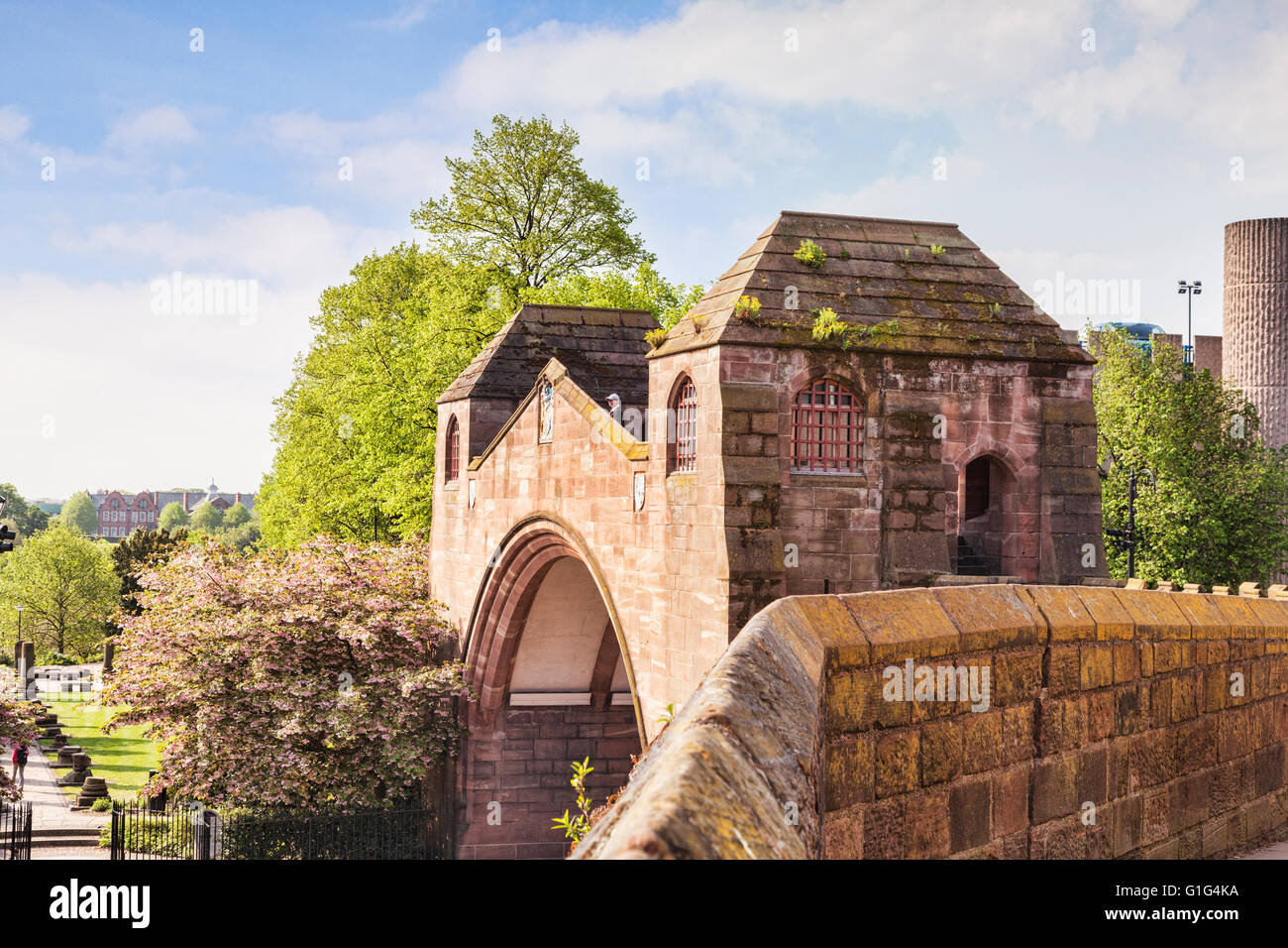 Newgate, Chester, con il giardino romano a sinistra sullo sfondo, Cheshire, Inghilterra, Regno Unito Foto Stock