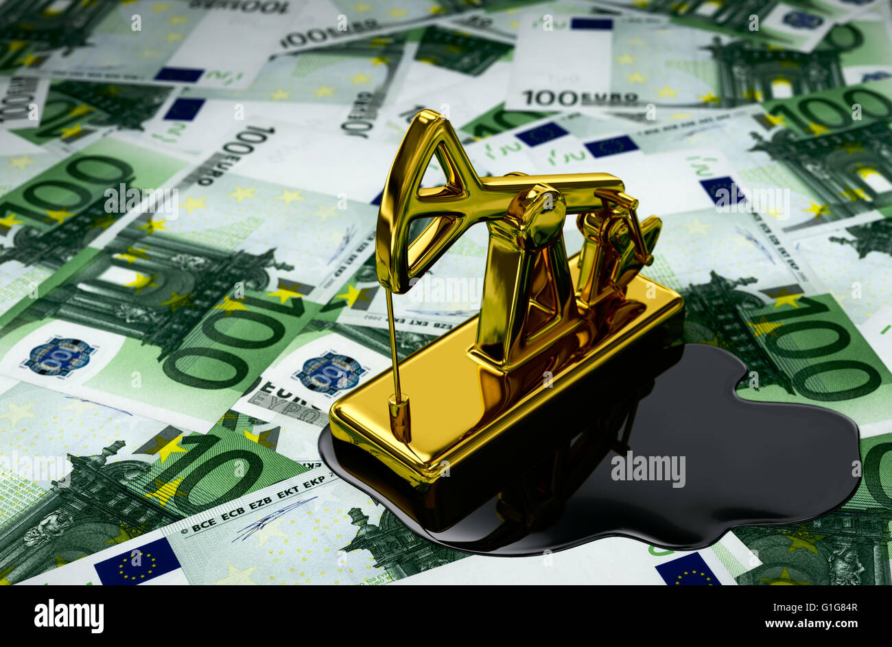 Golden Pumpjack e olio versato oltre euro. 3D'illustrazione. Foto Stock